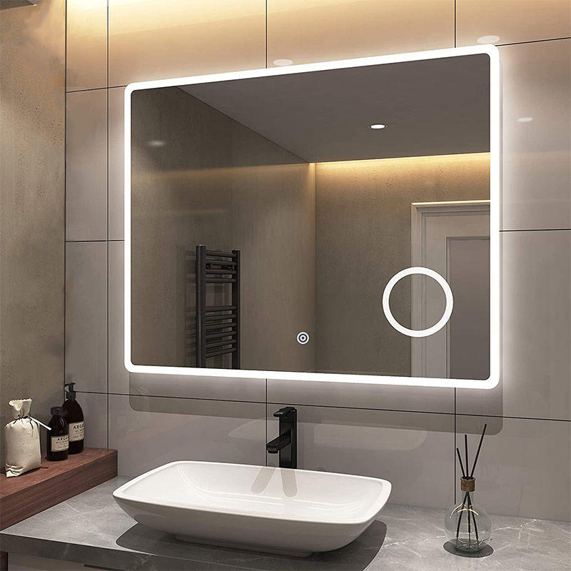 مرآة حمام LED مستطيلة 3000 K مثبتة على الحائط مع مرآة مكبرة للماكياج