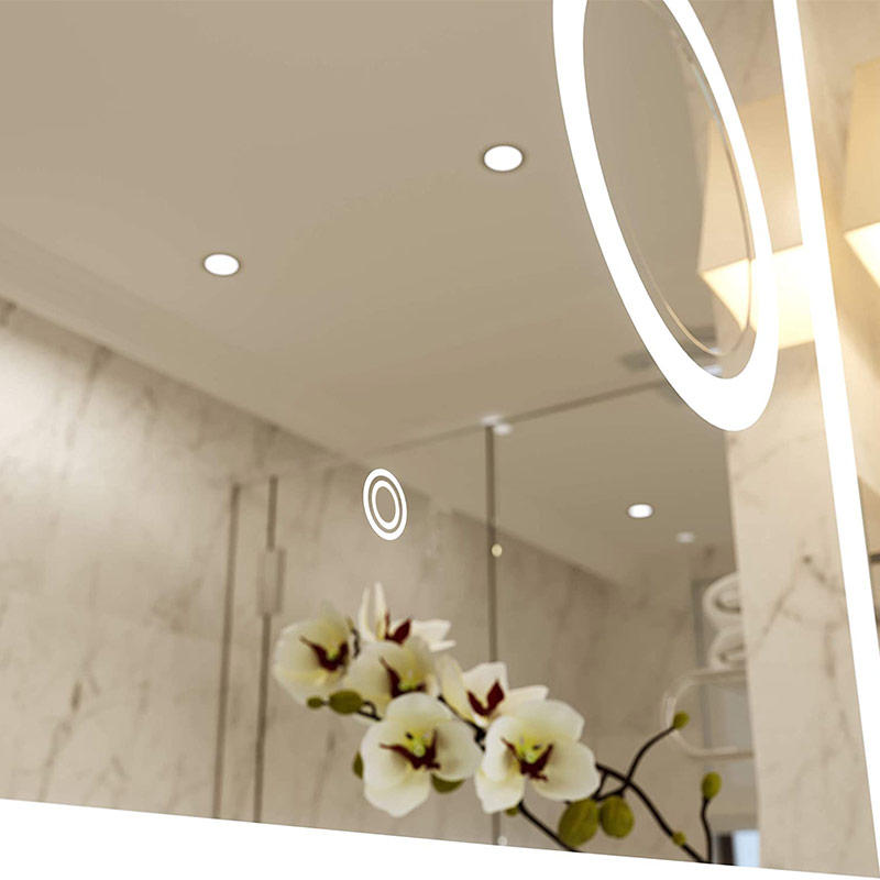 مرآة حمام LED مستطيلة 3000 K مثبتة على الحائط مع مرآة مكبرة للماكياج