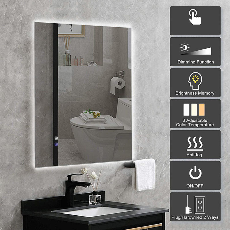 مرآة حائط مستطيلة LED للحمام بإضاءة خلفية مع كولك ديفوجر